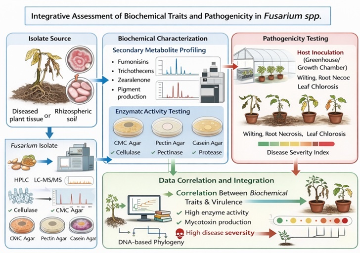 Integrated biochemical and pathogenicity testing of Fusarium requires bacterial isolation. HPLC/LC-MS/MS screens metabolites and enzymatic activities. Host inoculation evaluates disease symptoms. Data integration links biochemical traits with virulence for diagnostics