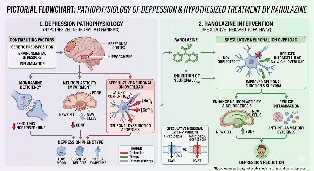 Pathophysiology of depression and hypothesized treatment by ranolazine. Source: AI generated image.